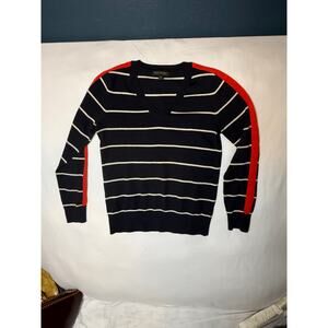 Banana Republic Merino Wool V-Neck Sweater XS Navy Striped Red Sleeve Accent
